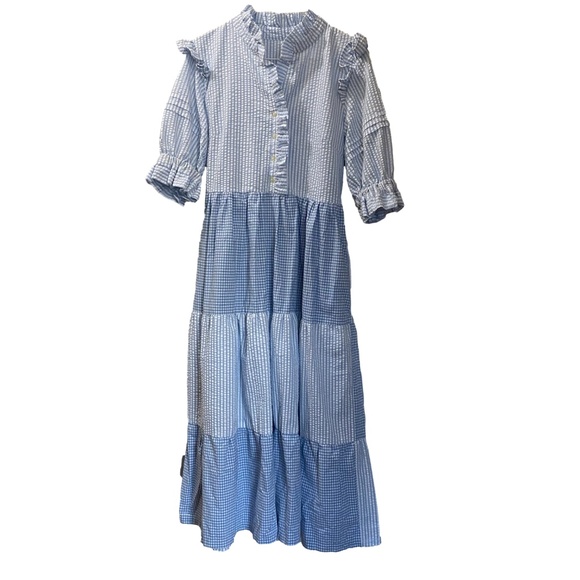Blue White Seersucker Gingham Ruffle Tiered Prairie Cottagecore Maxi Dress S/M - Picture 16 of 16